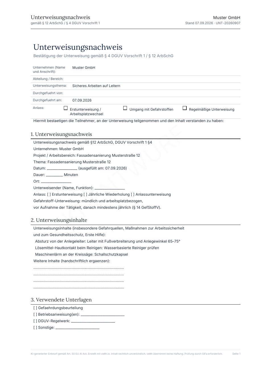 Musterseite: Unterweisungsnachweis