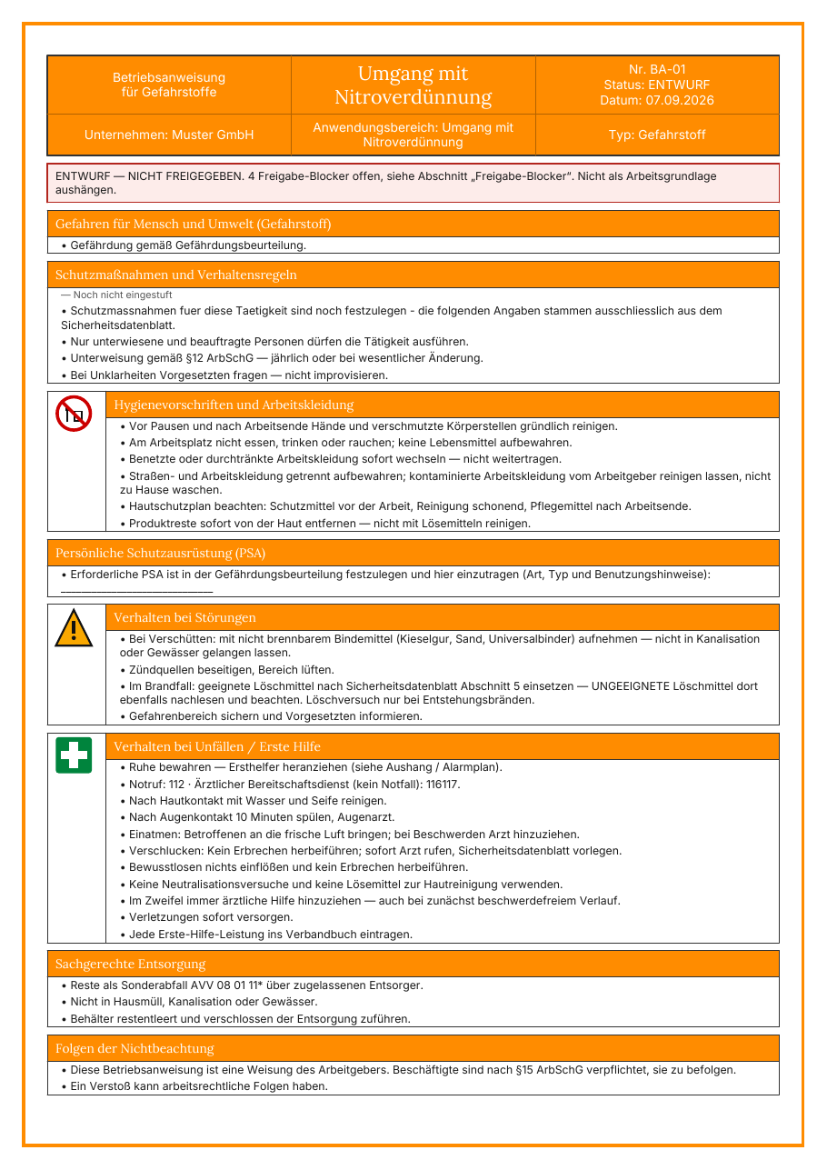 Musterseite: Betriebsanweisung